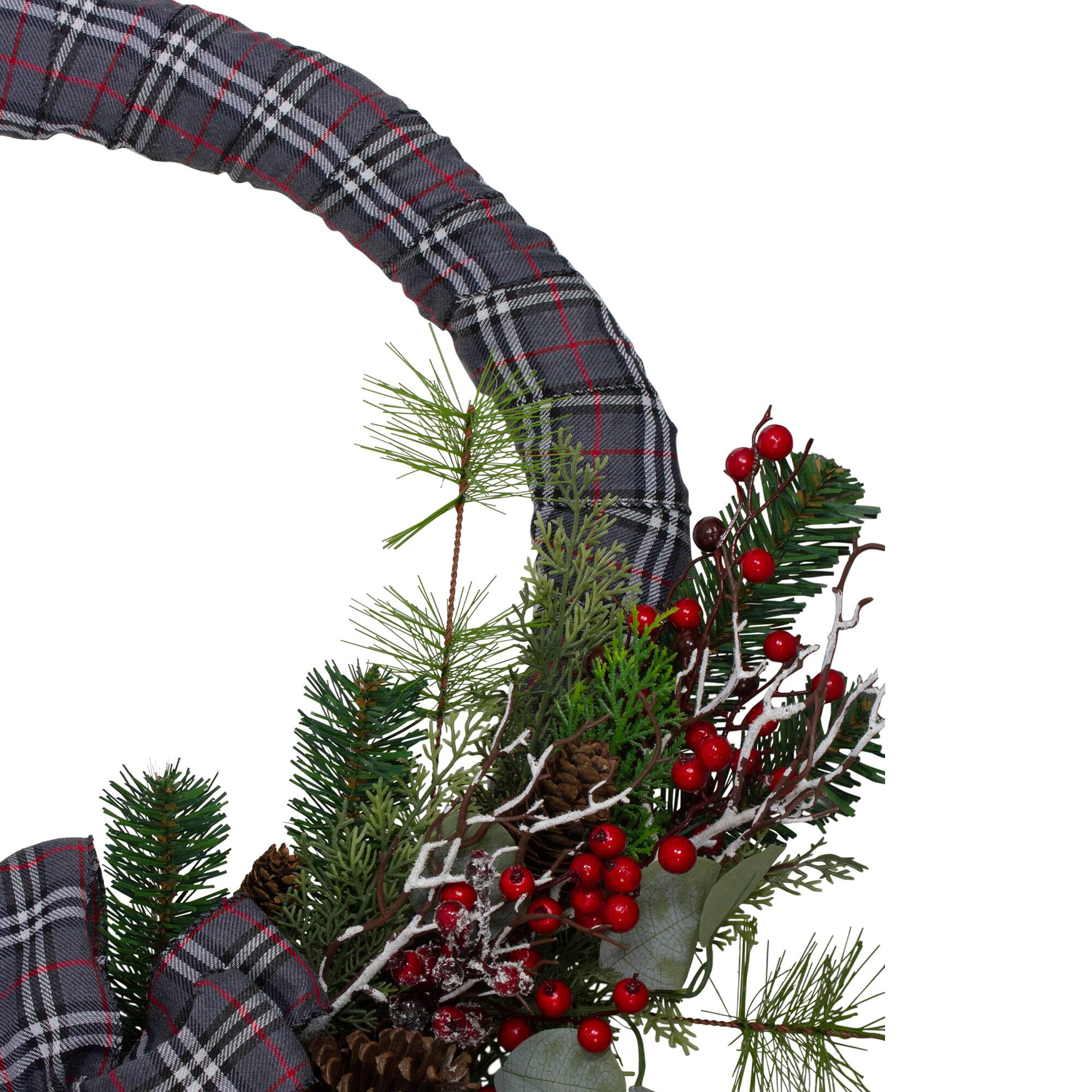 24" Unlit Gray & Red Plaid Artificial Christmas Wreath with Berries